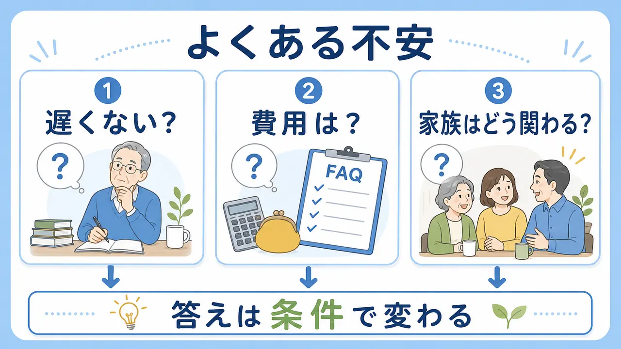 シニアの学び直しでよくある年齢、費用、家族の関わりの不安を整理した図