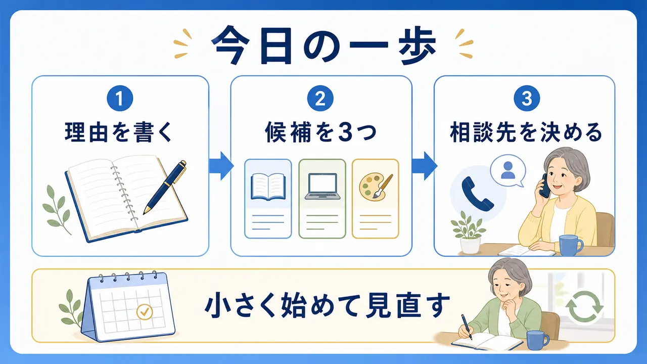 シニアが今日の一歩として理由、候補、相談先を整理する図