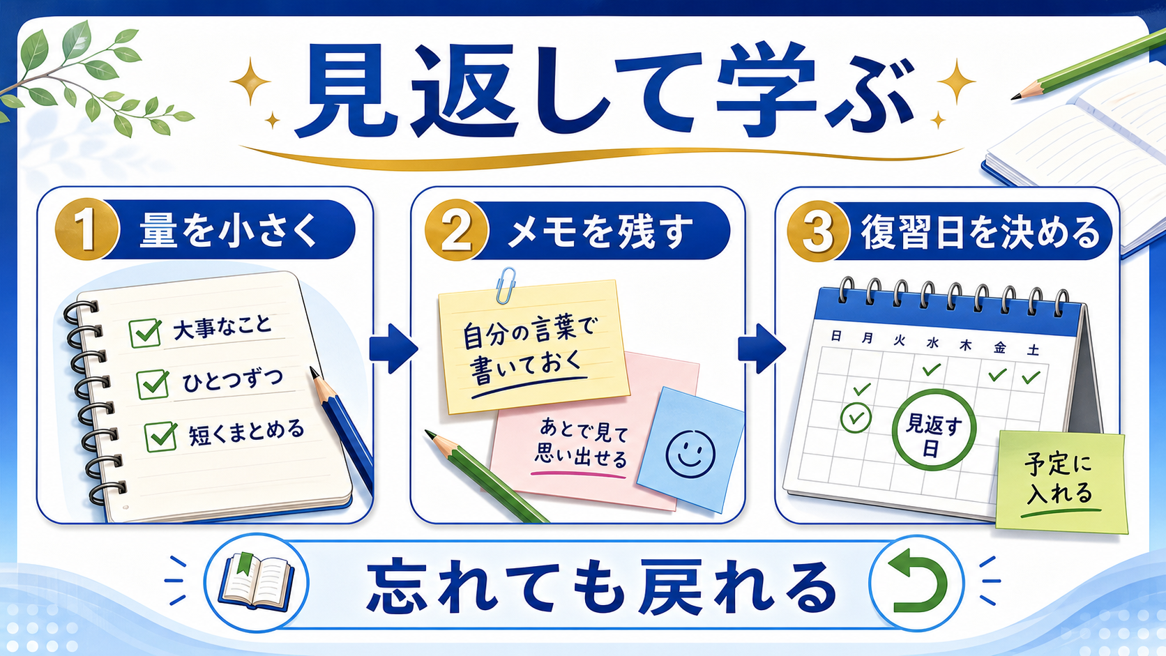 シニアの学びを見返して続けるための量、メモ、復習日の要点