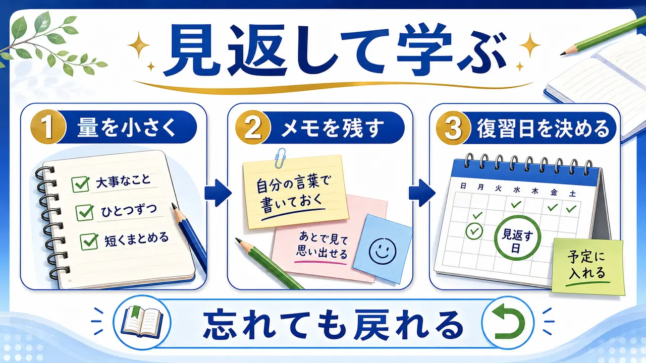 シニアの学びを見返して続けるための量、メモ、復習日の要点