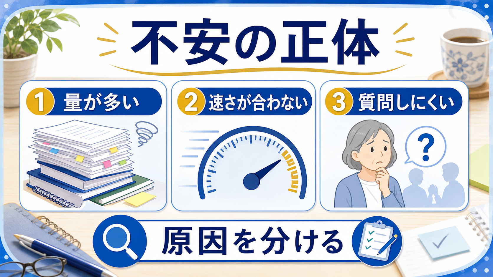 シニアが覚えられない不安を感じる理由を量、速さ、質問しにくさに分ける図