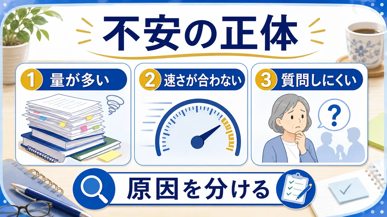 シニアが覚えられない不安を感じる理由を量、速さ、質問しにくさに分ける図