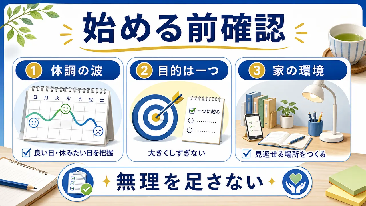 学びを始める前に体調、目的、家の環境を確認する図