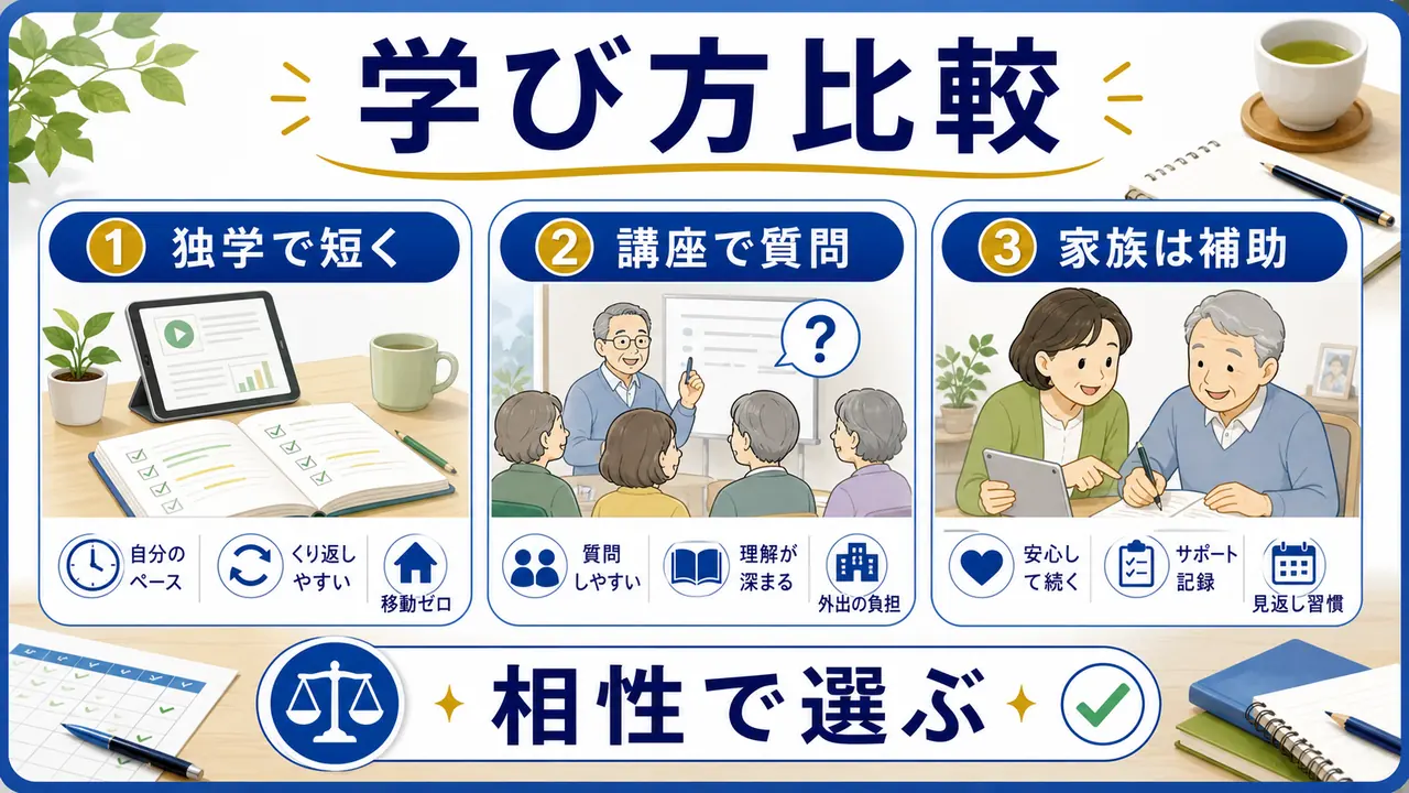 独学、講座、家族サポートなど学び方の相性を比較する図