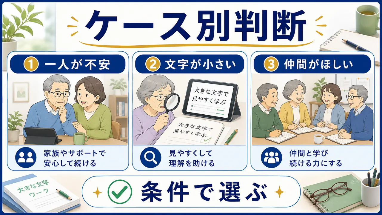 一人が不安、文字が小さい、仲間がほしいケース別に学び方を選ぶ図