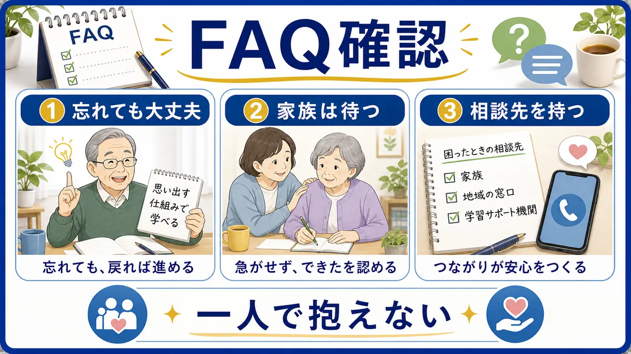 シニアの学びで忘れても大丈夫か家族はどう支えるかを確認する図