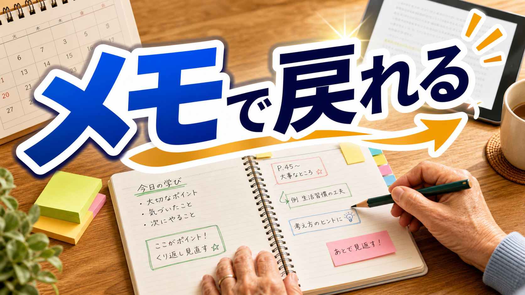 メモで戻れる学び方を確認するシニアのノートと机のイメージ