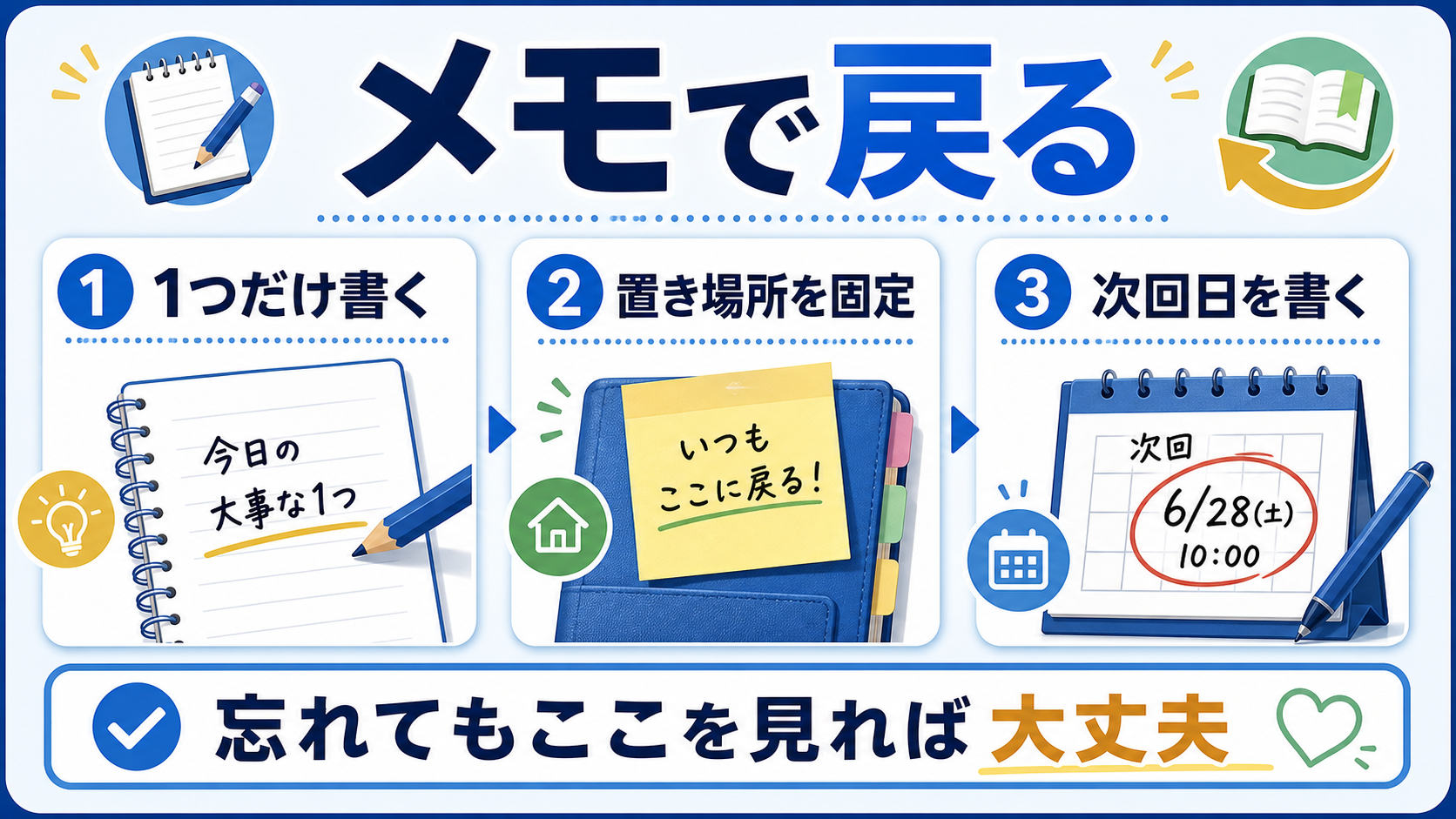 メモを一つに絞り置き場所と次回日を決める要点