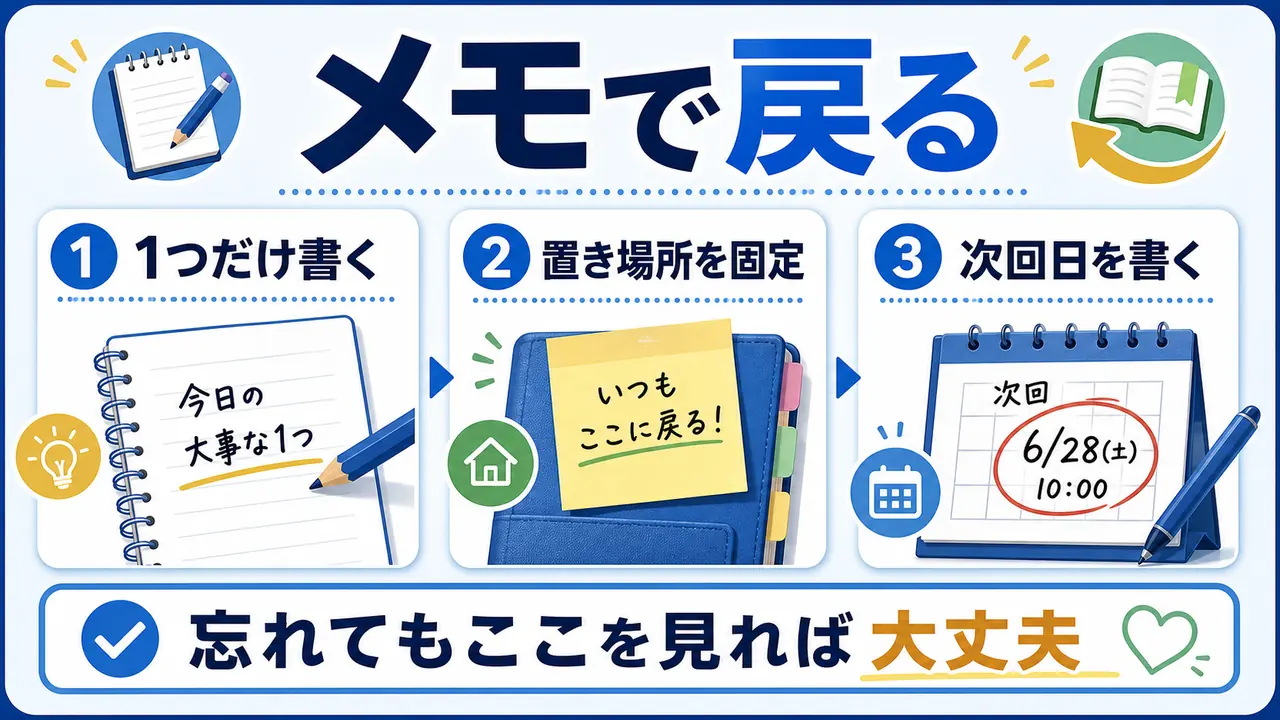 メモを一つに絞り置き場所と次回日を決める要点