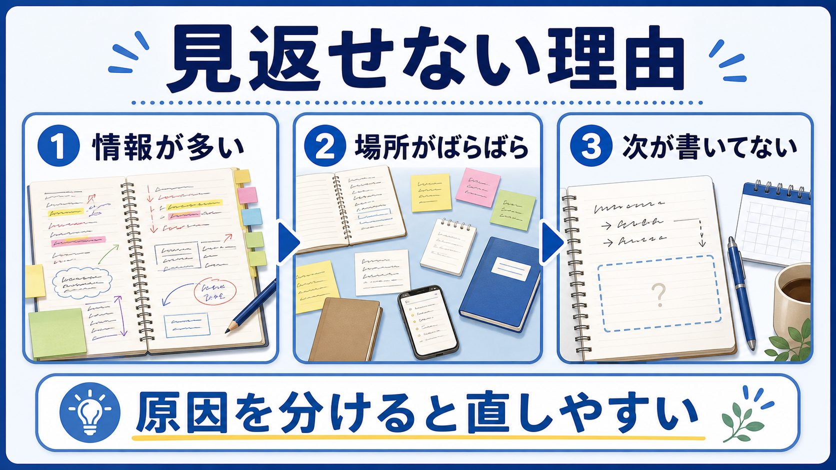 メモを見返せない理由を情報量、置き場所、次回の記載に分ける図