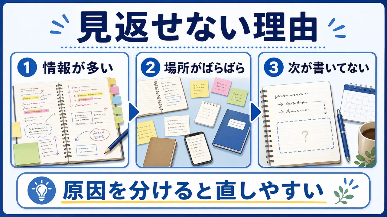 メモを見返せない理由を情報量、置き場所、次回の記載に分ける図