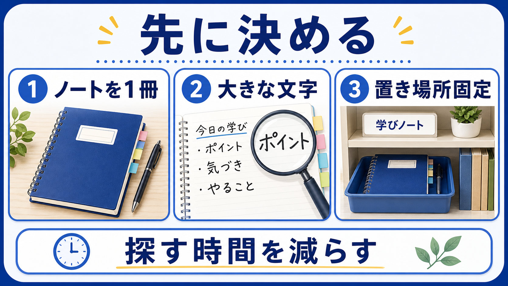 ノートを一冊にして大きな文字と固定の置き場所を決める図