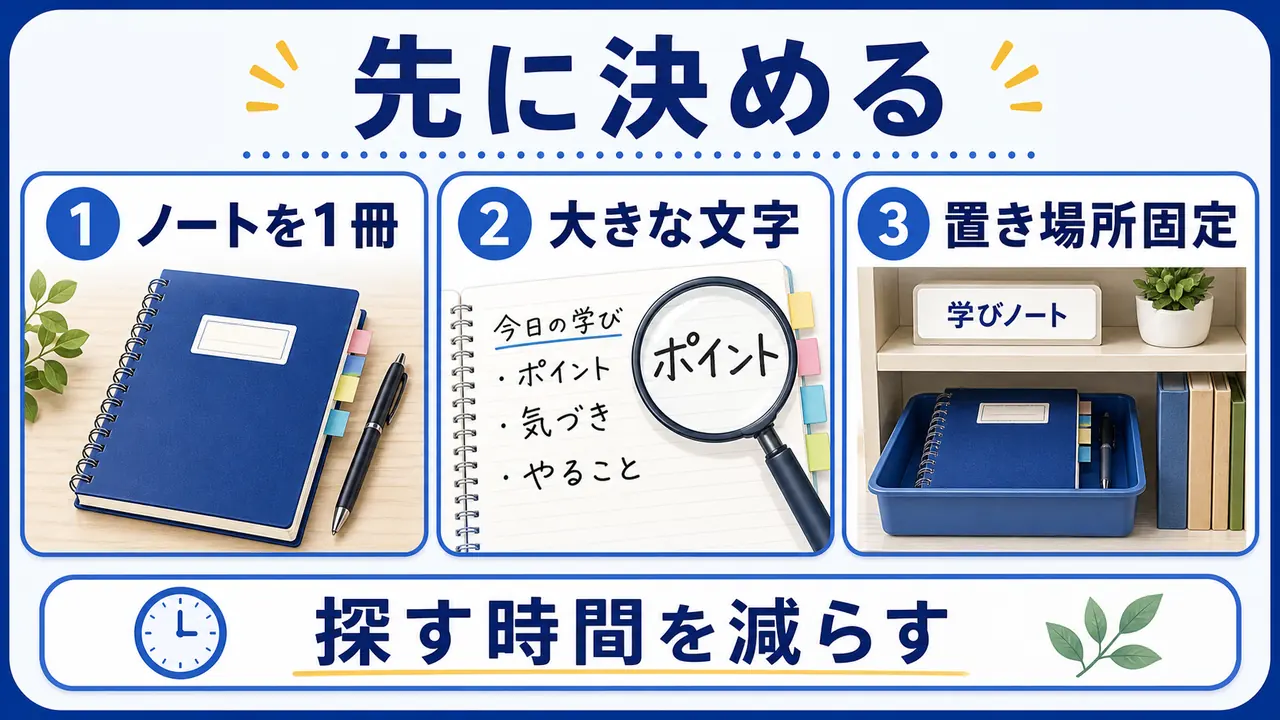 ノートを一冊にして大きな文字と固定の置き場所を決める図