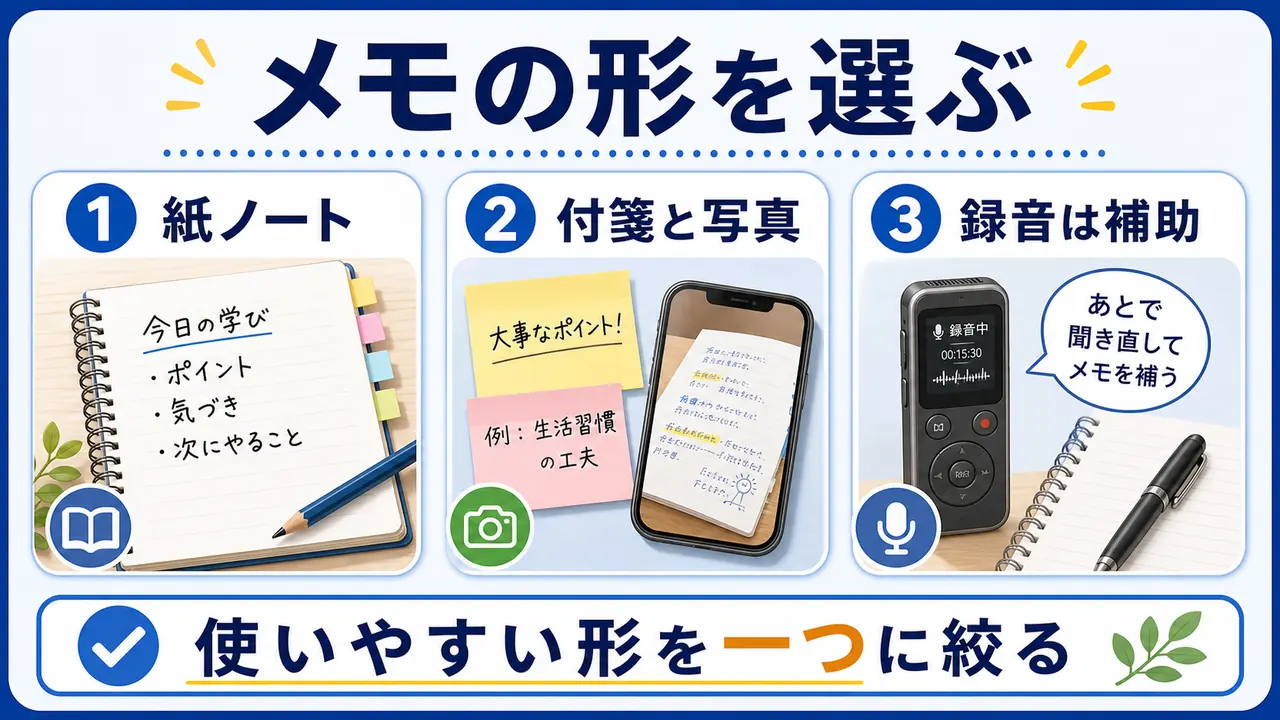 紙ノート、付箋と写真、録音を補助として比べる図