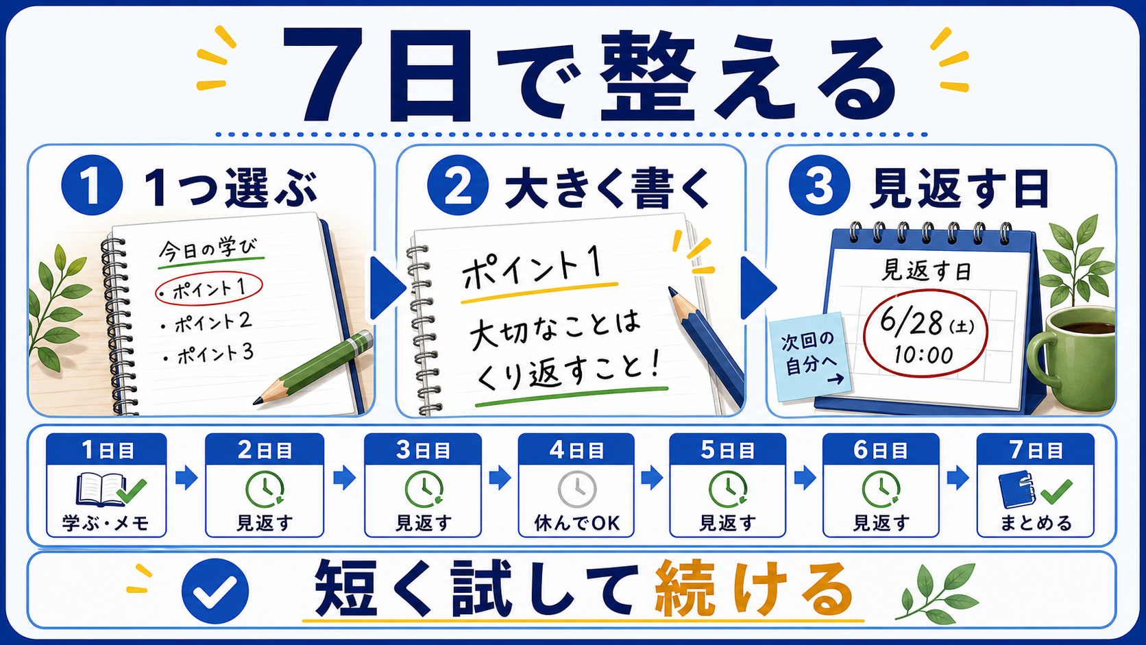 7日間でメモを一つ選び大きく書き見返す日を決める手順