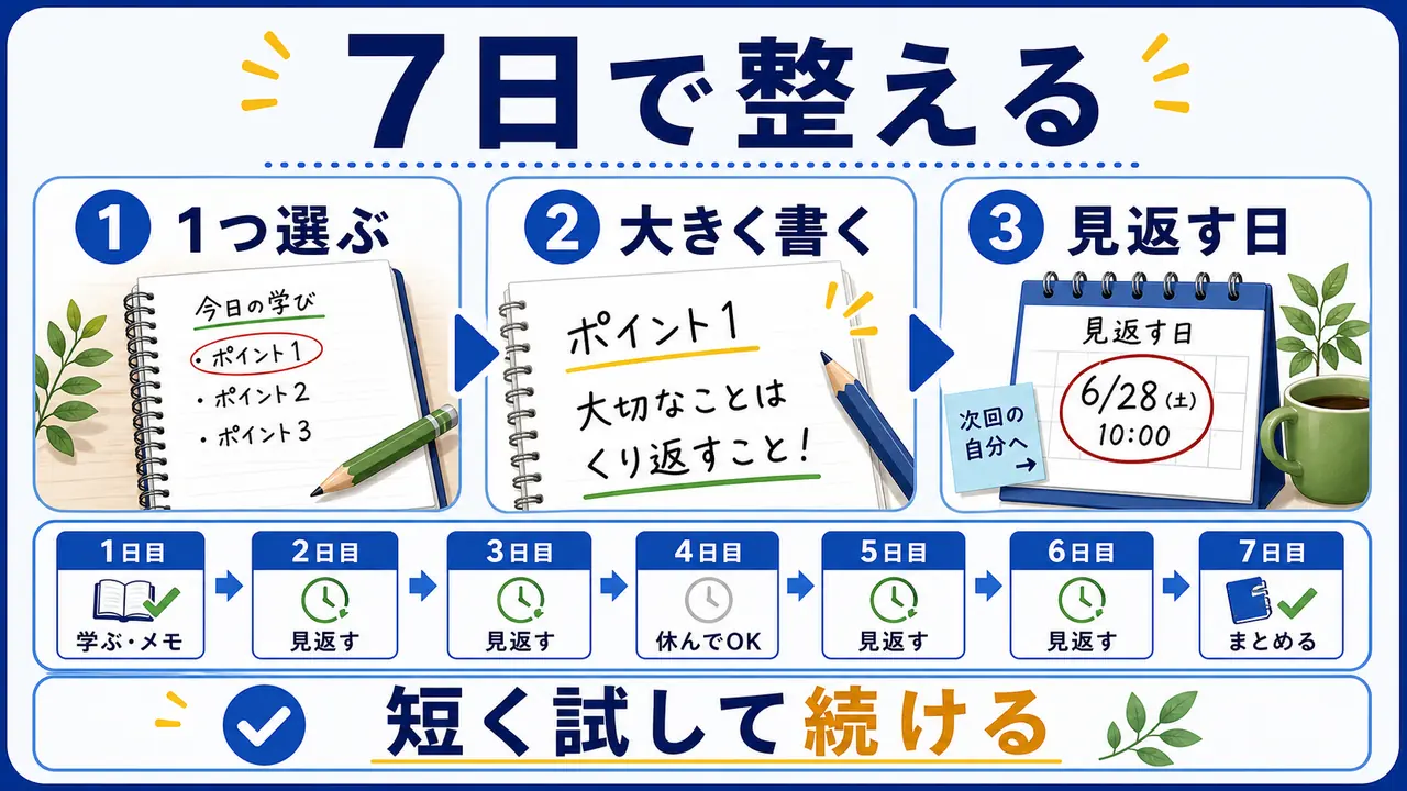 7日間でメモを一つ選び大きく書き見返す日を決める手順