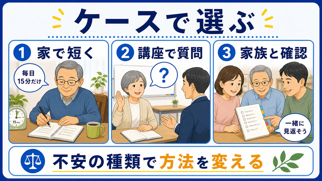 家で短く学ぶ、講座で質問する、家族と確認するケース別の図