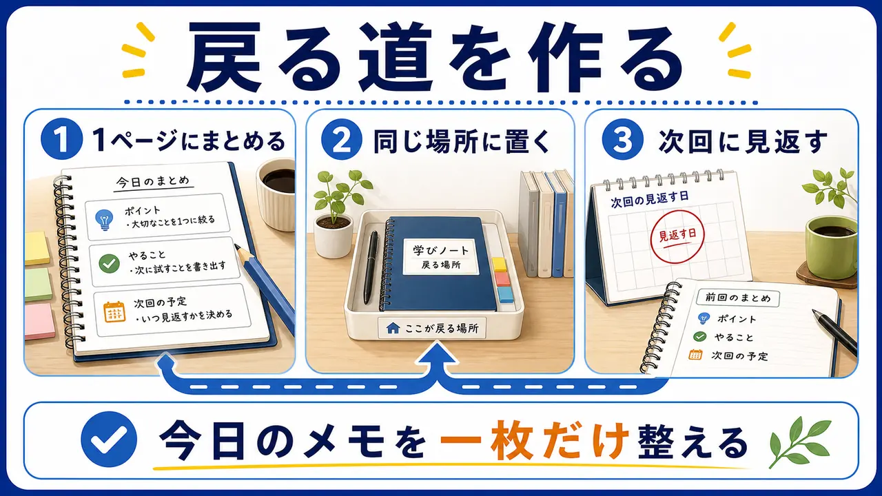 1ページにまとめ同じ場所に置き次回に見返す流れの図