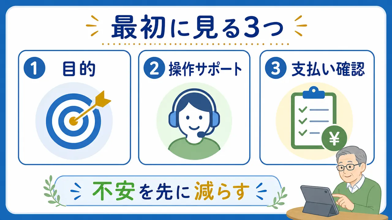 シニア向けオンライン講座で目的、操作サポート、支払い確認を最初に見る図
