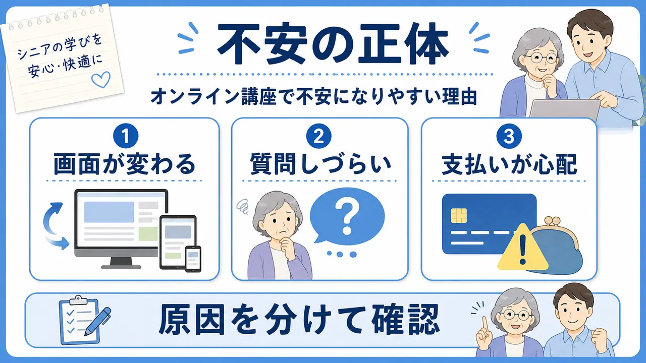 シニアがオンライン講座で不安になる理由を画面変化、質問、支払いに分けた図