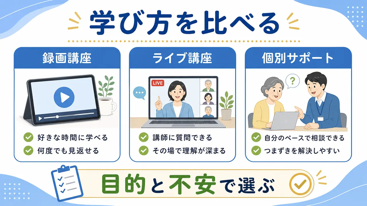 録画講座、ライブ講座、個別サポートを目的と不安で比べる図