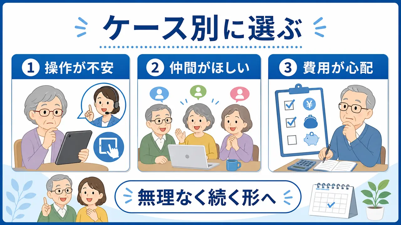 操作が不安な人、仲間がほしい人、費用が心配な人のオンライン講座選びを分けた図