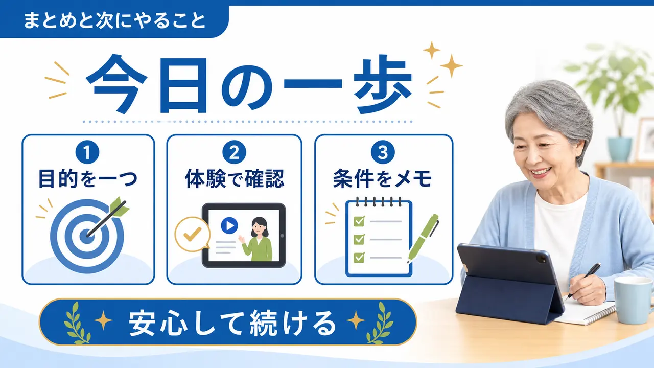 シニアがオンライン講座を始める前に目的、体験、条件メモを確認する図
