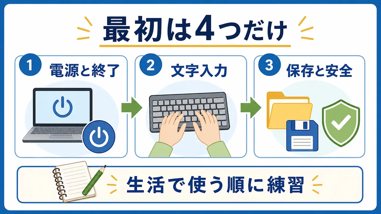 シニアがパソコン学習を電源、文字入力、保存、安全確認に分けて始める図