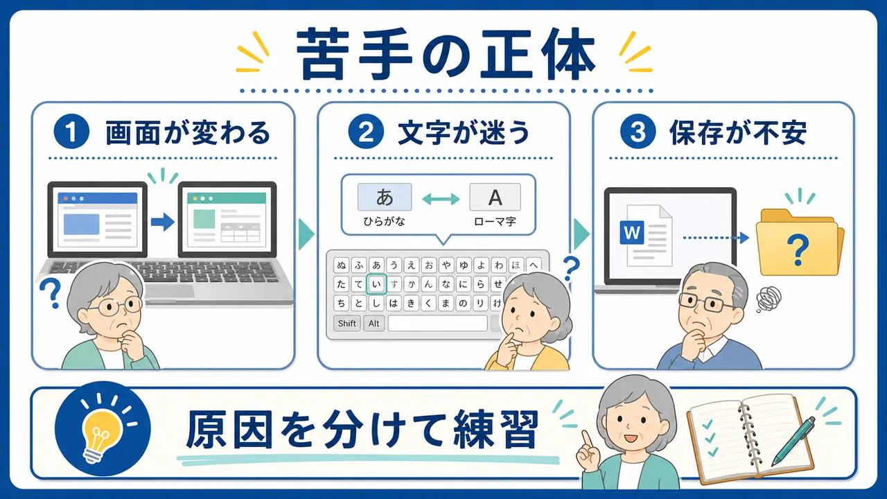 パソコンが苦手に感じる理由を画面変化、文字入力、保存の不安に分けた図