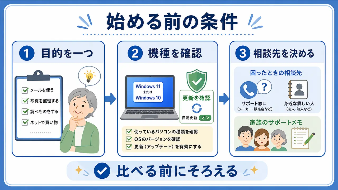 パソコンを始める前に目的、機種、安全、相談先を確認する図