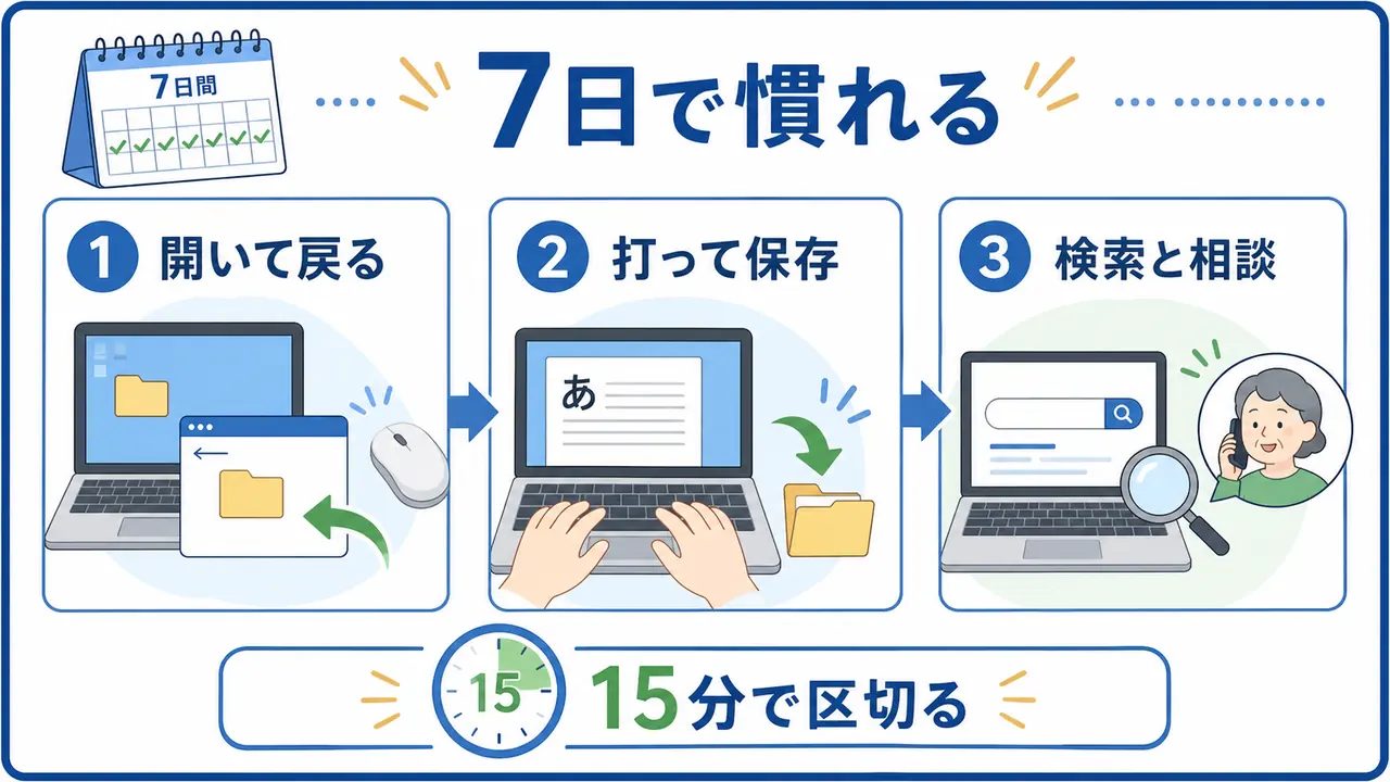 シニアが7日間でパソコンの基本操作に慣れる練習手順の図