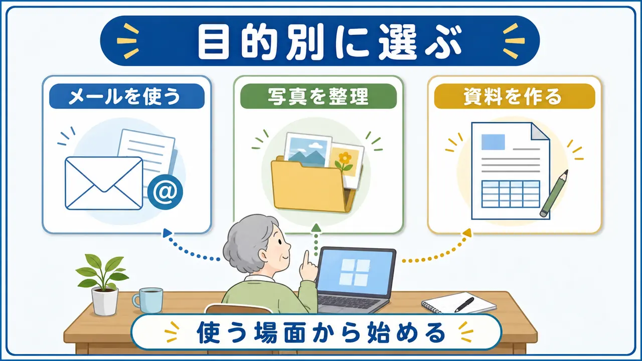 メール、写真整理、資料作成、オンライン講座など目的別にパソコン練習を選ぶ図