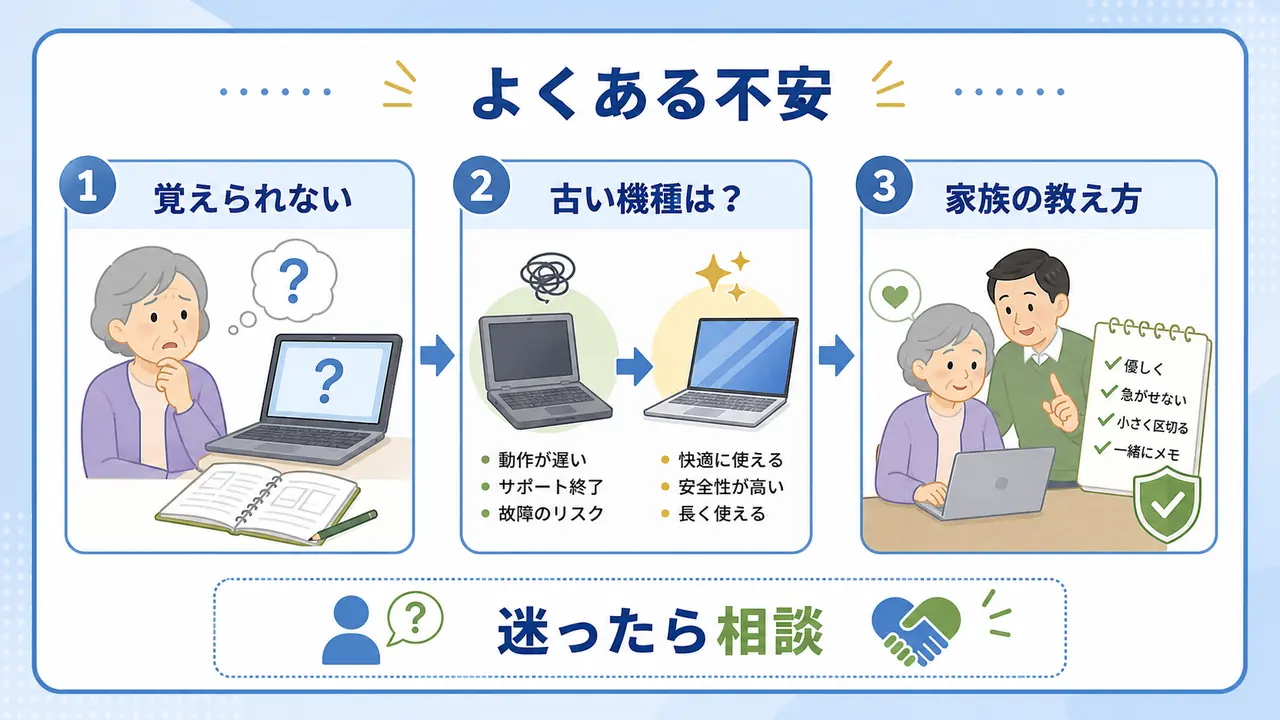 シニアがパソコン学習のよくある不安を確認する図
