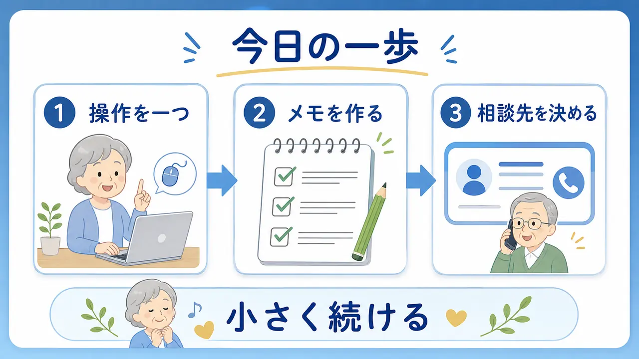 シニアが今日から始めるパソコン学習の一歩を確認する図