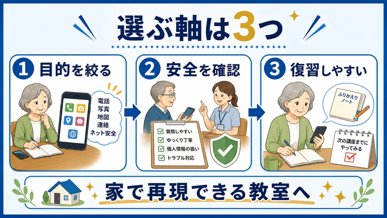 スマホ教室を目的、安全、復習の三つで選ぶ流れを示す図