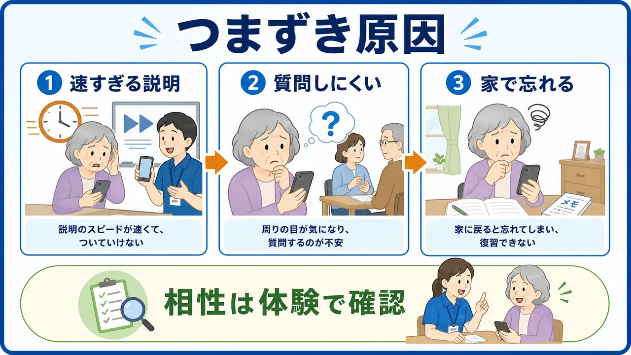 スマホ教室でつまずく原因を説明の速さ、質問しにくさ、復習不足に分けた図