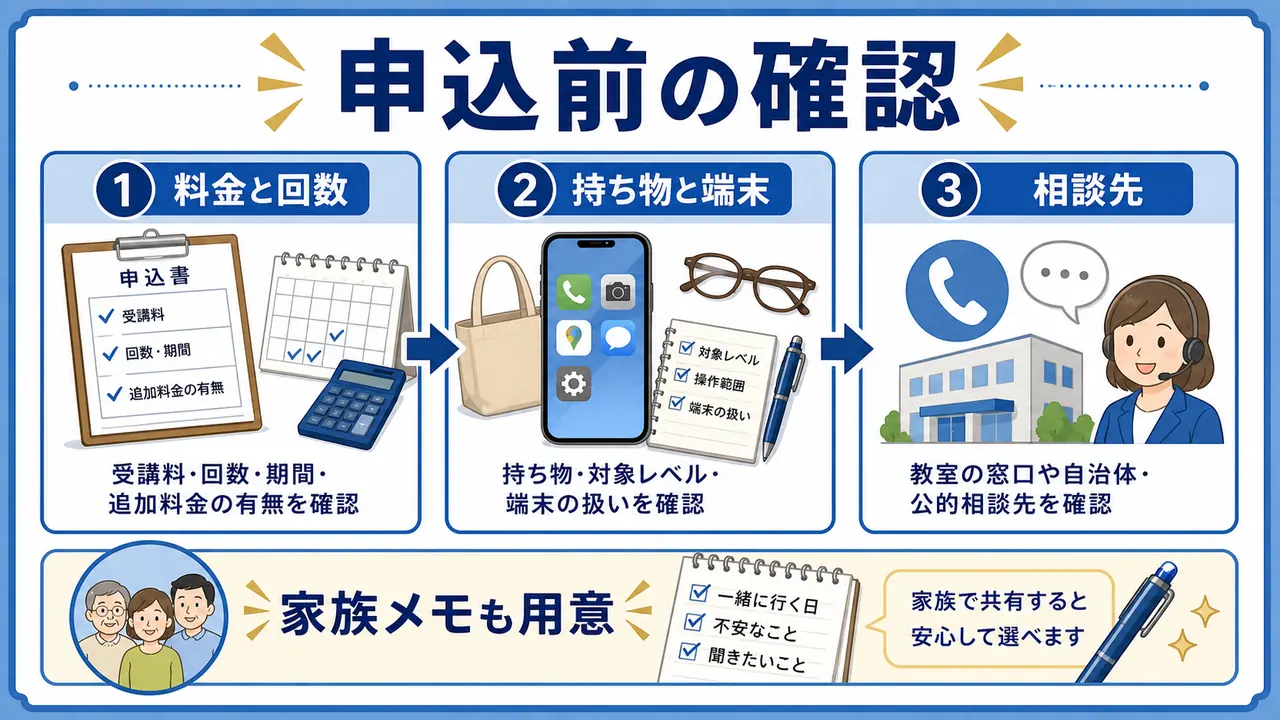 スマホ教室の申し込み前に料金、持ち物、相談先を確認する図