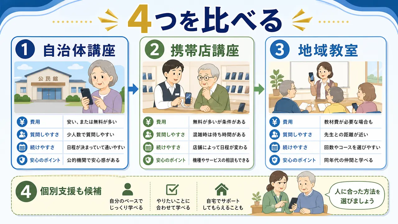 スマホ教室の学び方を自治体講座、携帯店講座、地域教室、個別支援で比べる図
