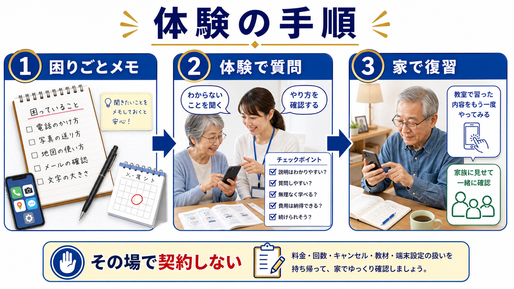 スマホ教室の体験前メモ、体験で質問、家で復習、申し込み判断までの手順を示す図