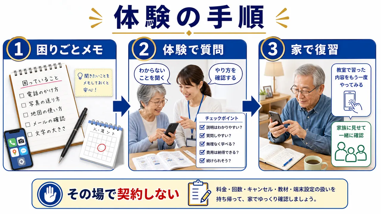 スマホ教室の体験前メモ、体験で質問、家で復習、申し込み判断までの手順を示す図