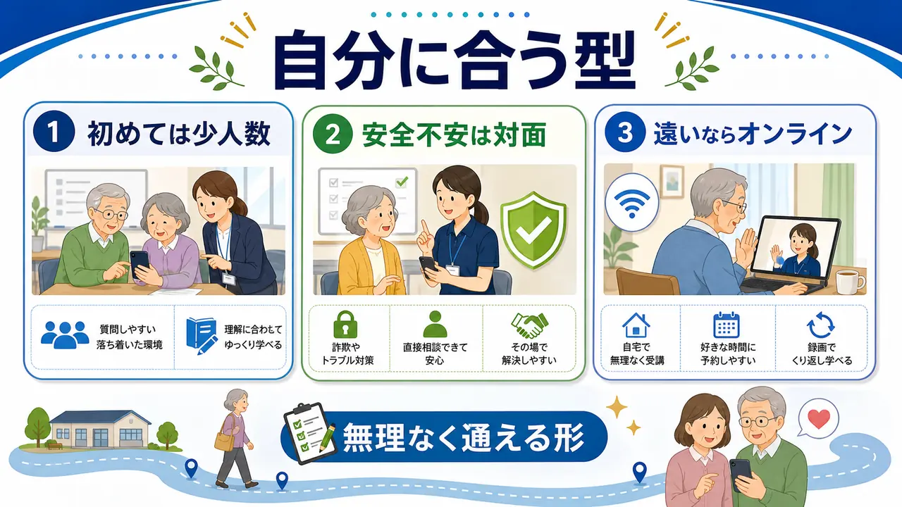 シニア本人の状況に合わせて少人数、対面、オンラインなどのスマホ教室を選ぶ図