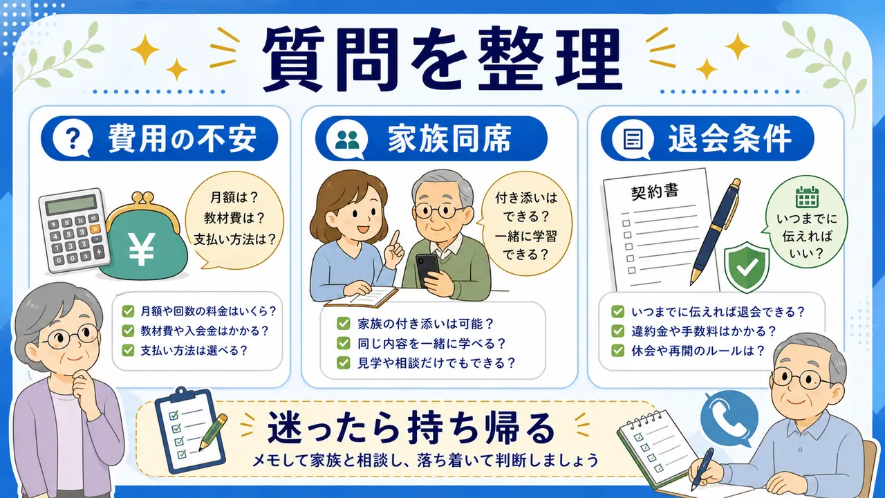 スマホ教室の費用、家族同席、退会条件を質問として整理する図