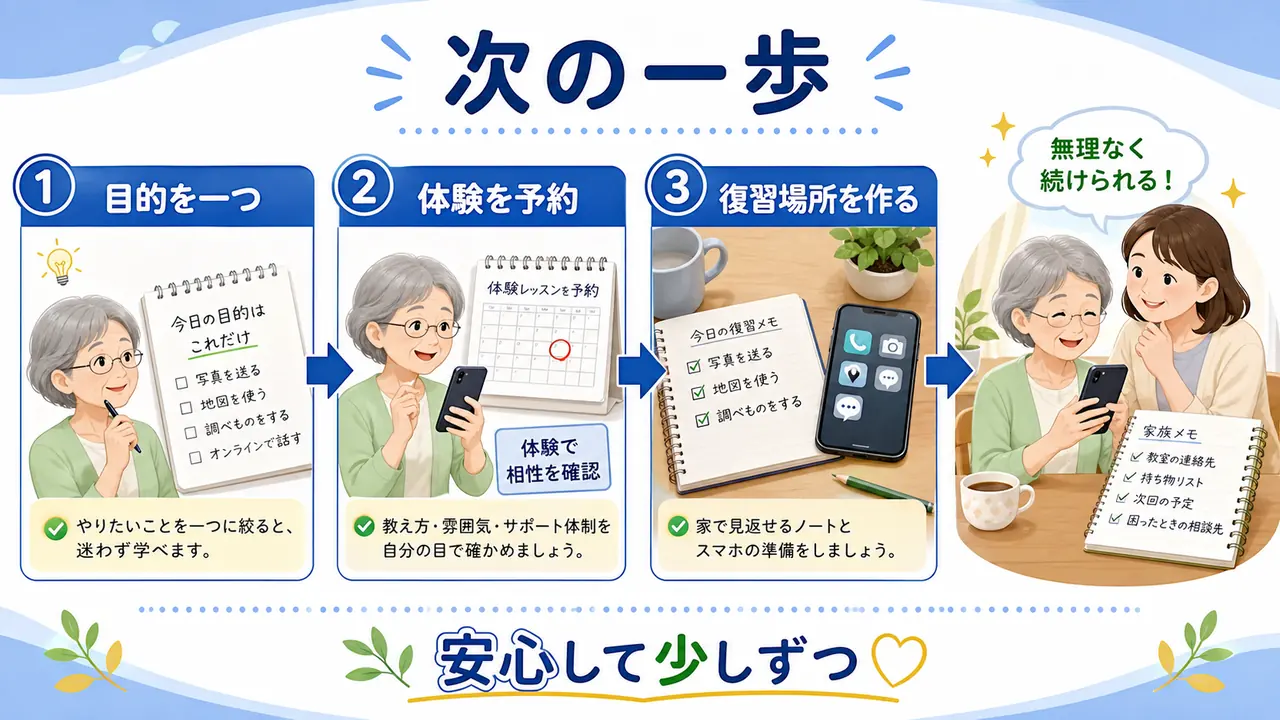 スマホ教室選びで目的を一つにし、体験を予約し、復習場所を作る流れを示す図