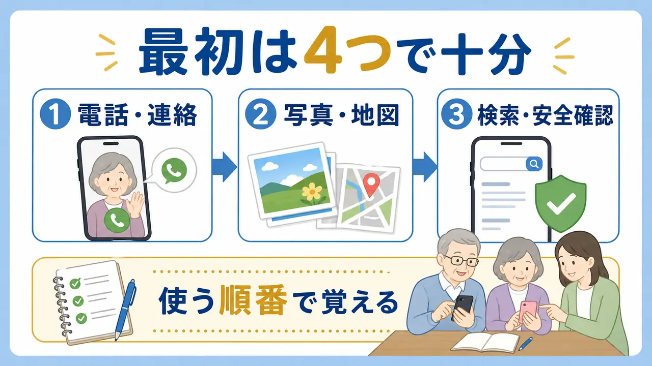 シニアがスマホ学習を電話、写真、地図、検索から始める流れを示す図
