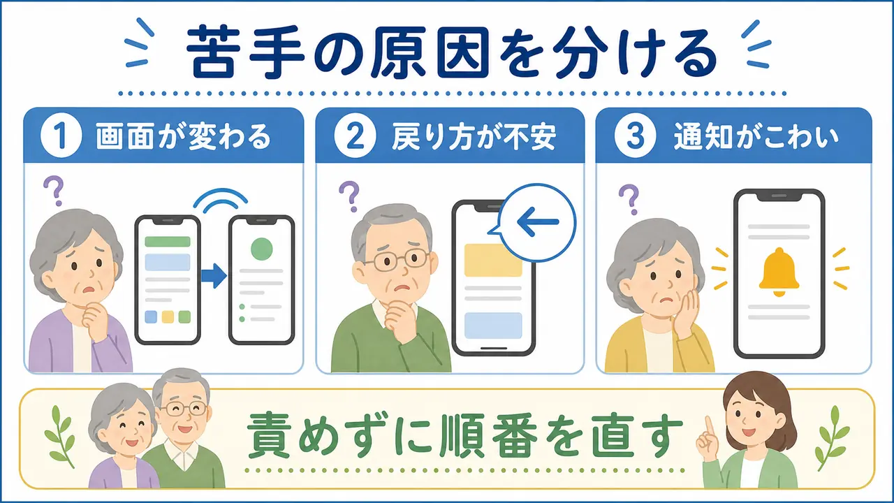 スマホが苦手に感じる理由を画面変化、戻り方、通知への不安に分けた図