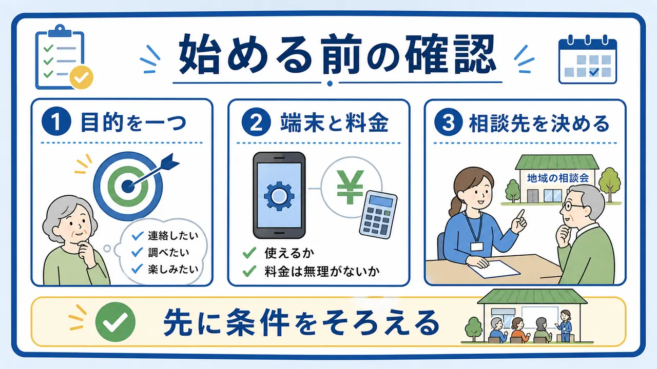 スマホ学習を始める前に目的、端末、料金、相談先を確認する図