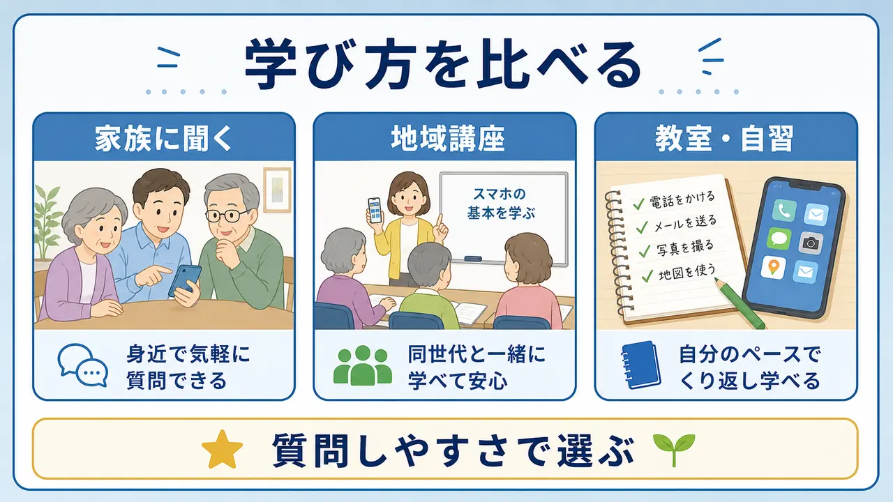 シニアのスマホ学習を家族、地域講座、教室、自習で比べる図