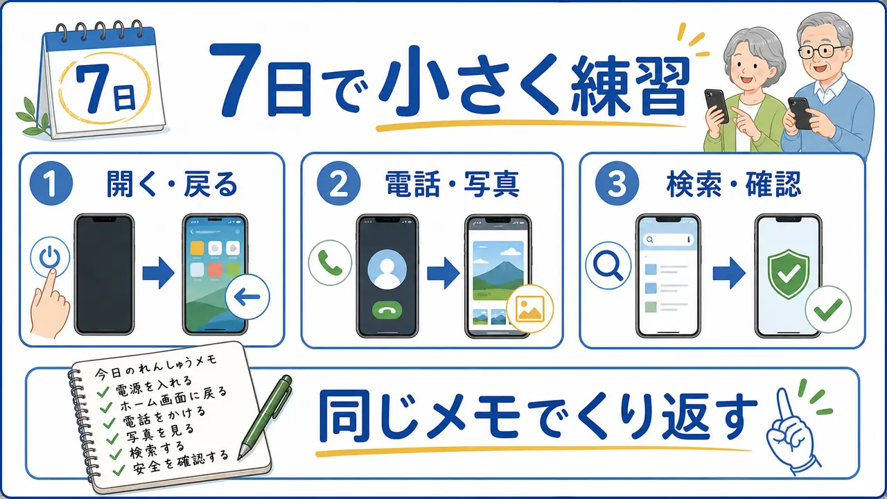 シニアが7日間で開く、戻る、電話、写真、検索、安全確認を練習する手順図