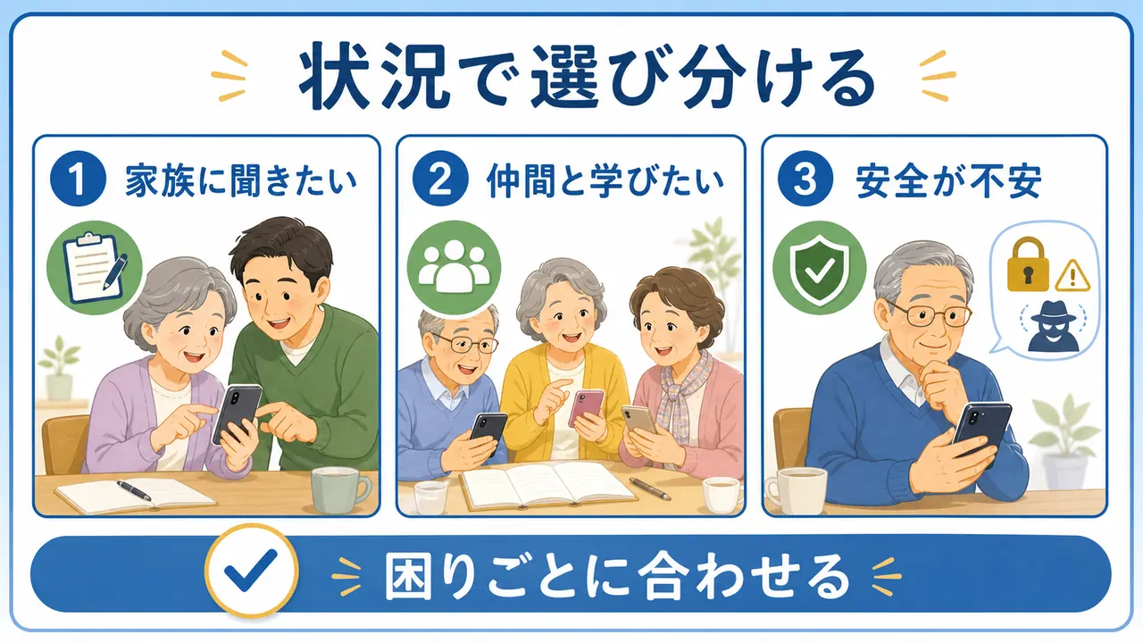家族に聞きたい人、仲間と学びたい人、安全が不安な人の学び方を分けた図