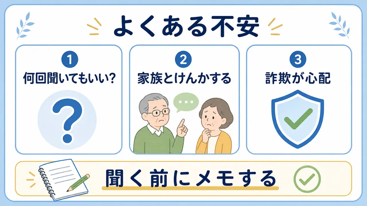 シニアのスマホ学習でよくある不安を質問として整理した図